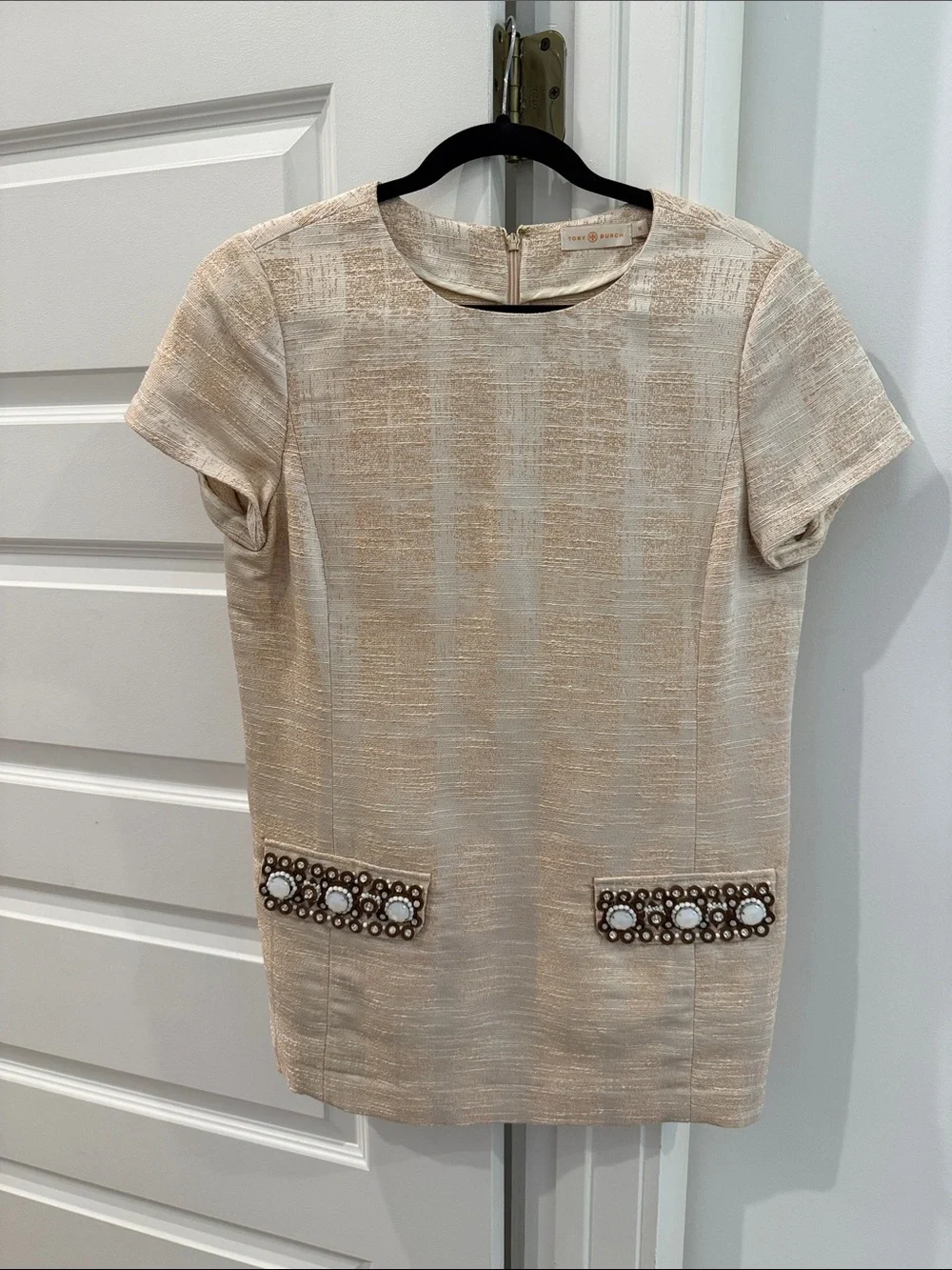Tory Burch Cream Short-Sleeve Embellished Pocket Shift Dress